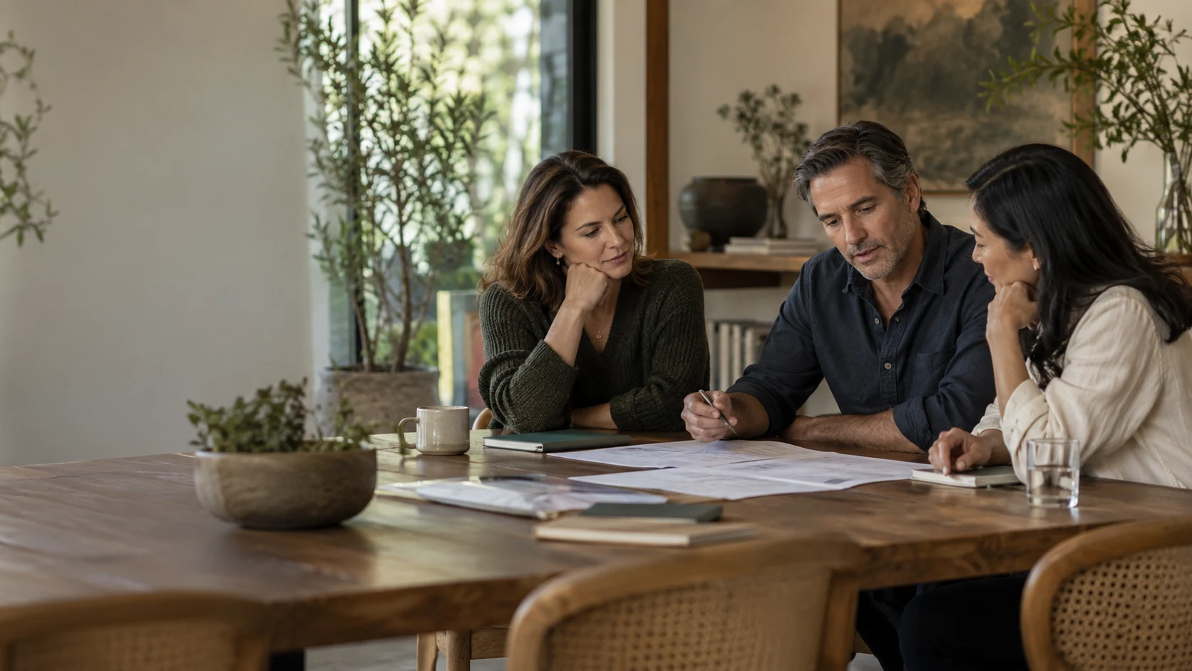 Three experienced professionals working together around a private table