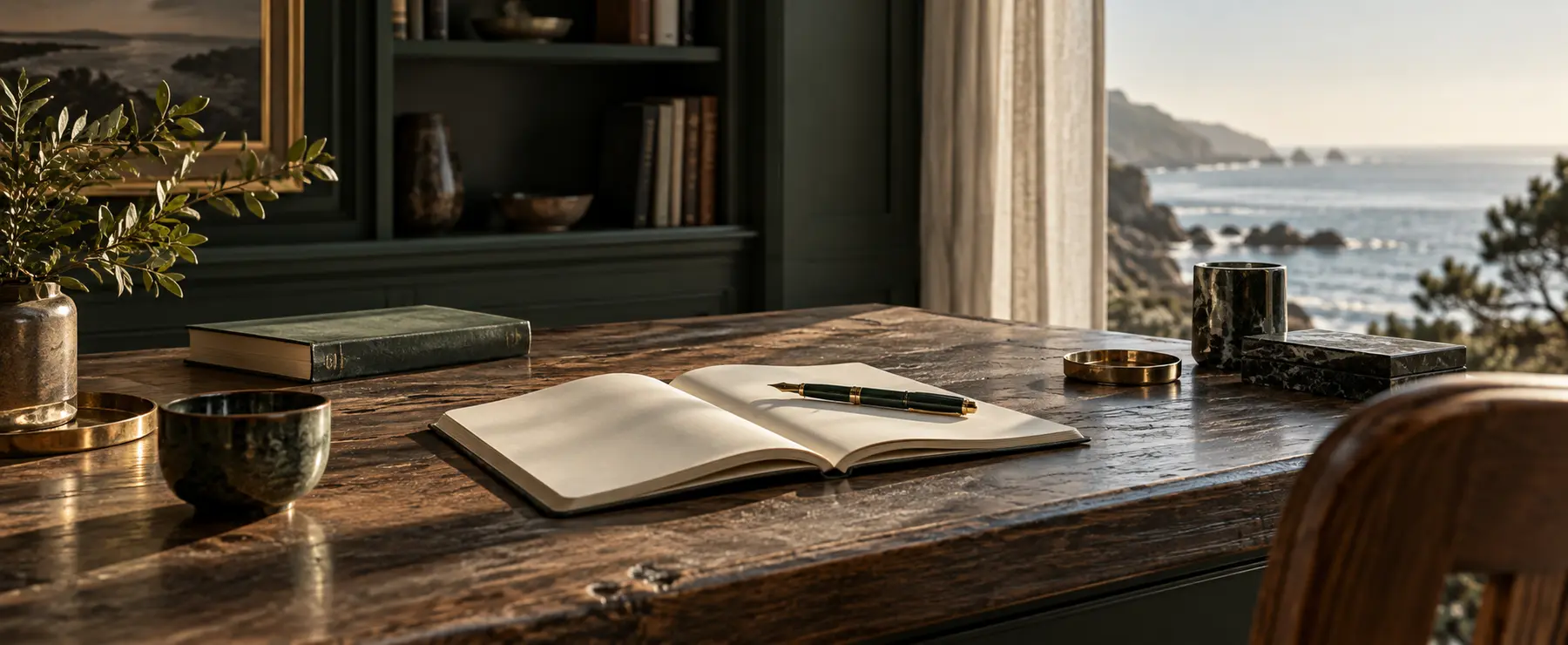 An open notebook in a quiet coastal study