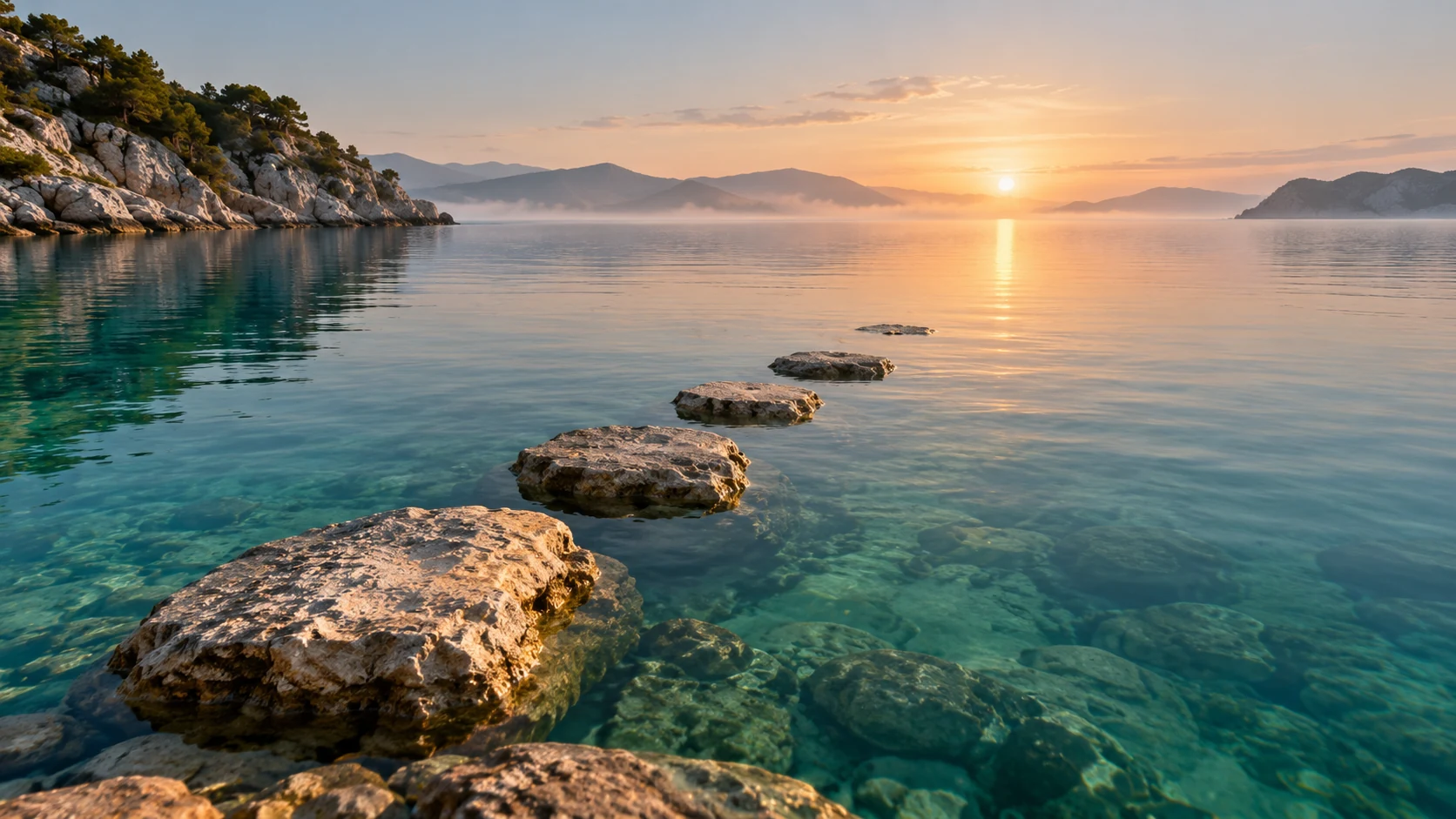 A short path of stepping stones leading across calm water toward morning light